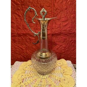 Vintage Diamond‎ Cut Glass and Silver Plated Spouted Decanter w Stop 10.5" Italy